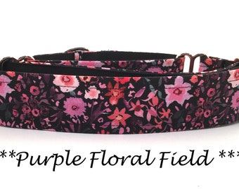 Martingale Dog Collar or Buckle Dog Collar or Buckle Mart or Chain Martingale, Pnk, Hot Pink, Purple Eggplant - Purple Floral Field