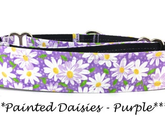 Martingale Dog Collar or Buckle Dog Collar or Buckle Mart or Chain Martingale, Purple, Daises, Flowers, Painted Daisies Purple