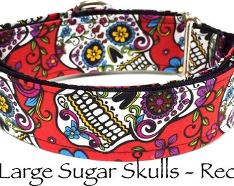 Skull Martingale Dog Collar or Sugar Skull Buckle Dog Collar or Sugar Skull Buckle Mart Collar or Chain Mart Collar, Large Sugar Skulls, Red