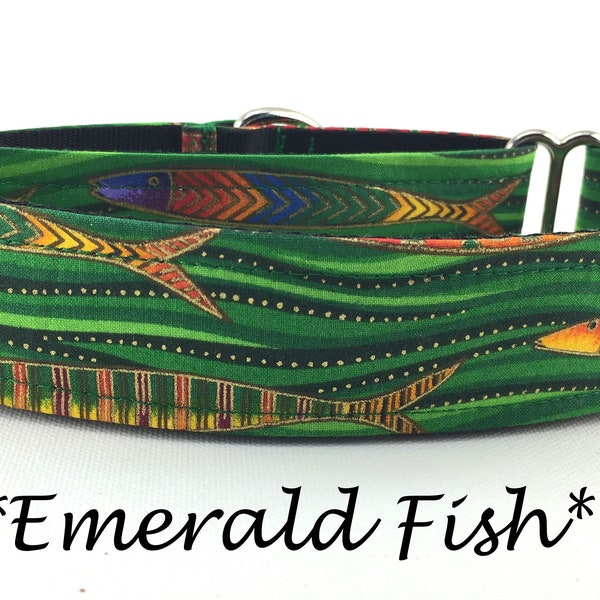 Martingale Dog Collar or Buckle Dog Collar or Buckle Mart or Chain Martingale, Rainbow Fish Dog Collar, Emerald Fish