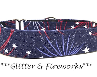 Firework Martingale Dog Collar or Patriotic Buckle Dog Collar or Blue Firework Buckle Mart or Fireworks Chain Mart, Glitter and Fire Works