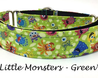 Martingale Dog Collar or Buckle Dog Collar or Buckle Mart or Chain Martingale, Monster Dog Collar, Alliens, Little Monsters - Green