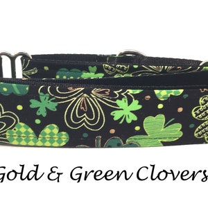 May include: A black and green dog collar with a gold and green clover pattern. The collar has a silver buckle and is made of durable fabric. ***Gold & Green Clovers***