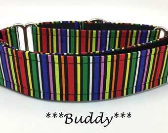 Martingale Dog Collar or Buckle Dog Collar or Buckle Mart or Chain Martingale, Bright Stripes Purple, blue, Yellow, Red, Orange- Buddy