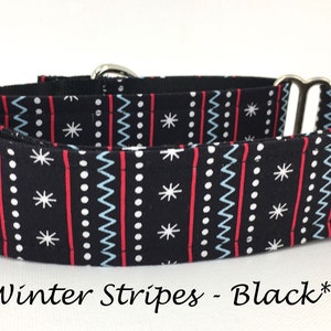 Martingale Dog Collar, Dog Collar, Winger Buckle Dog Collar, Winter Martingale Collar, Christmas Martingale, Winter Stripes- Black