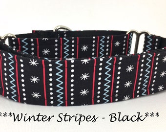 Martingale Dog Collar, Dog Collar, Winger Buckle Dog Collar, Winter Martingale Collar, Christmas Martingale, Winter Stripes- Black