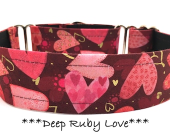 Ruby Heart Martingale Dog Collar or Buckle Dog Collar or Buckle Mart or Chain Martingale, Gold Hearts, Deep Ruby Hearts