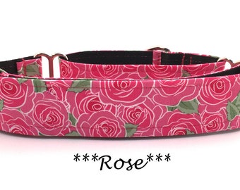 Martingale Dog Collar or Buckle Dog Collar or Buckle Mart or Chain Martingale, Pink and Green Roase Dog Collar, Rose