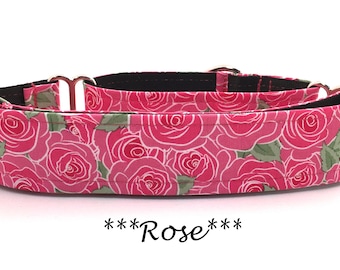 Martingale Dog Collar or Buckle Dog Collar or Buckle Mart or Chain Martingale, Pink and Green Roase Dog Collar, Rose