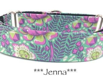 Martingale Dog Collar or Buckle Dog Collar or Buckle Mart or Chain Martingale, Green, Aqua, blue, Pink, Purple, Floral Dog Collar, Jenna