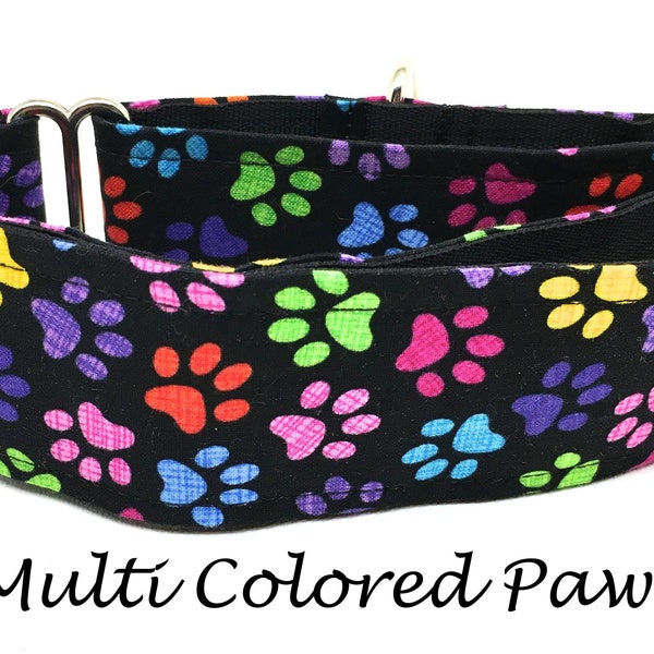 Martingale Dog Collar or Buckle Dog Collar or Buckle Mart or Chain Martingale, Rainbow of Color, Paw Dog Collar, Multi Colored Paws
