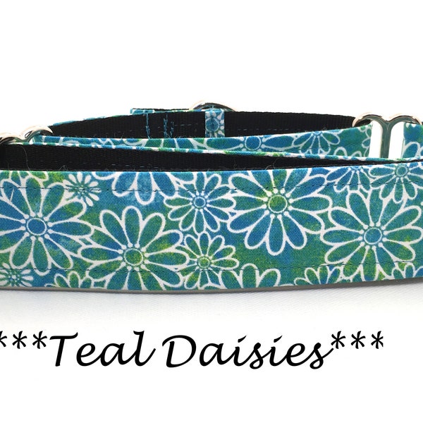 Martingale Dog Collar or Buckle Dog Collar or Buckle Mart or Chain Martingale, Blue, Green, White Daisies, Daisy, Teal Daisies