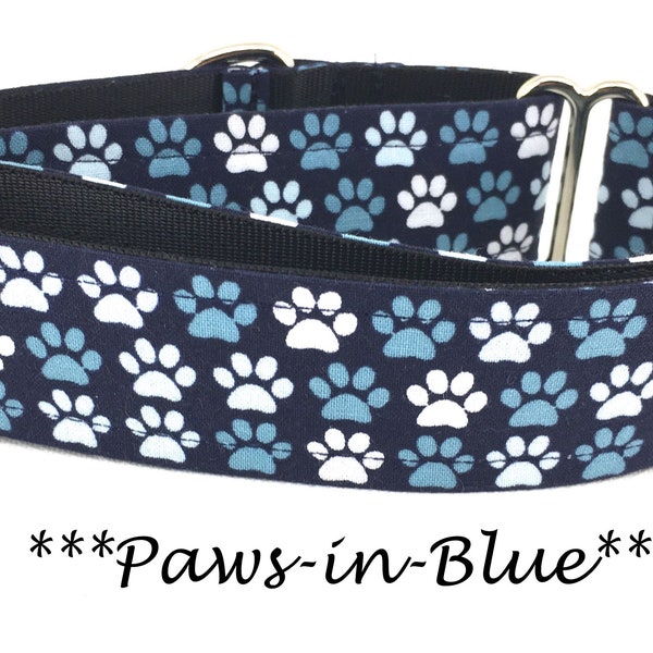 Martingale Dog Collar or Buckle Dog Collar or Buckle Mart or Chain Martingale, Paw Dog Collar, Dark Blue, Light blue, White, Paws in Blue