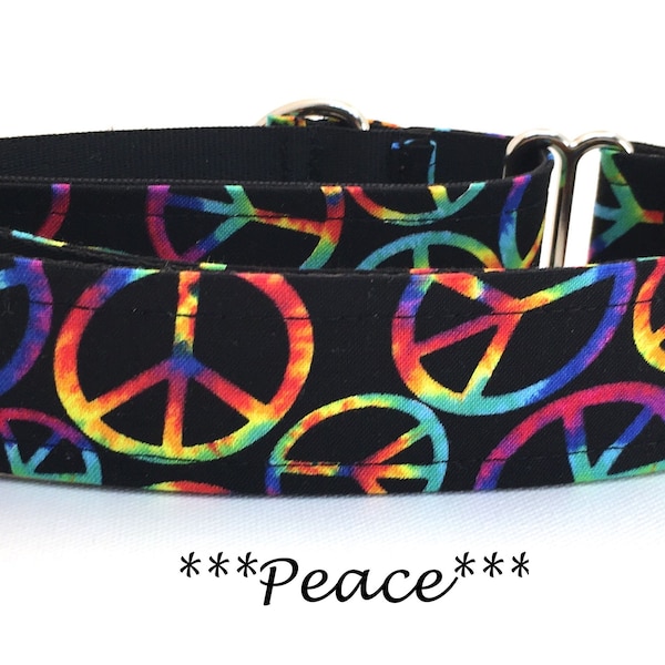 Martingale Dog Collar or Buckle Dog Collar or Buckle Mart or Chain Martingale, Tye Dye Peace Signs, Peace Sign Dog Collar, Peace