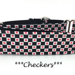 Martingale Dog Collar or Buckle Dog Collar or Buckle Mart or Chain Martingale, Red and Black Checkered Dog Collar, Squares Dots, Checkers