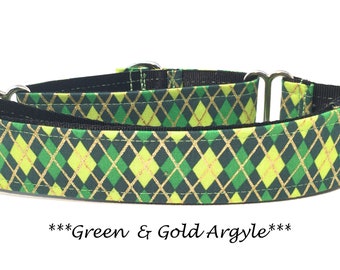 Martingale Dog Collar or Buckle Dog Collar or Buckle Mart or Chain Martingale, Green and gold Plaid Dog Collar, Green and Gold  Argyle