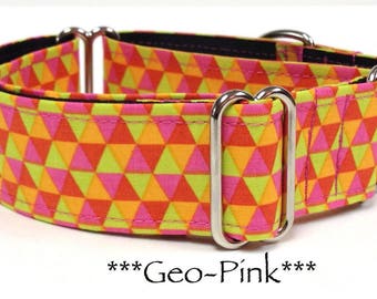 Martingale Dog Collar or Buckle Dog Collar or Buckle Mart or Chain Martingale, Pink, Green, Orange Geometric, Modern, Artsy - Geo Pink