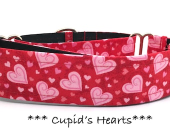 Cupid's Hearts Martingale Dog Collar or Buckle Dog Collar or Buckle Mart or Chain Martingale, Gold Hearts, Cupid's Hearts - Pink