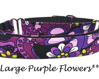 Martingale Dog Collar or Buckle Dog Collar or Buckle Mart or Chain Martingale, Purple Pink, Lime Green, Black Floral- Large Purple Flowers