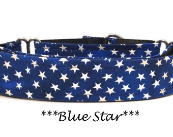 Patriot Martingale Collar or Stars Buckle Dog Collar, or Blue Buckle Mart Dog Collar or Star Chain Mart or Patriotic Dog Collar- Blue Star