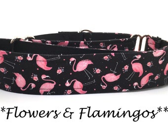 Flamingo Martingale Dog Collar or Flamingo Buckle Dog Collar or Flamingo Buckle Mart Dog Collar or Chain Martingale - Flowers and Flamingos