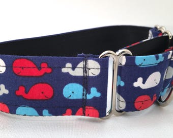 Whales Martingale Dog Collar or Buckle Dog Collar or Buckle Mart or Chain Martingale, Red, Blue, White Happy Whales