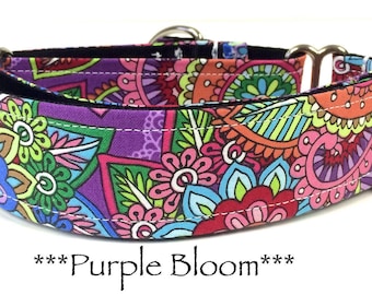 Martingale Dog Collar or Buckle Dog Collar or Buckle Mart or Chain Martingale - Floral Purple, Strong, Bright Floral - Purple Blooms