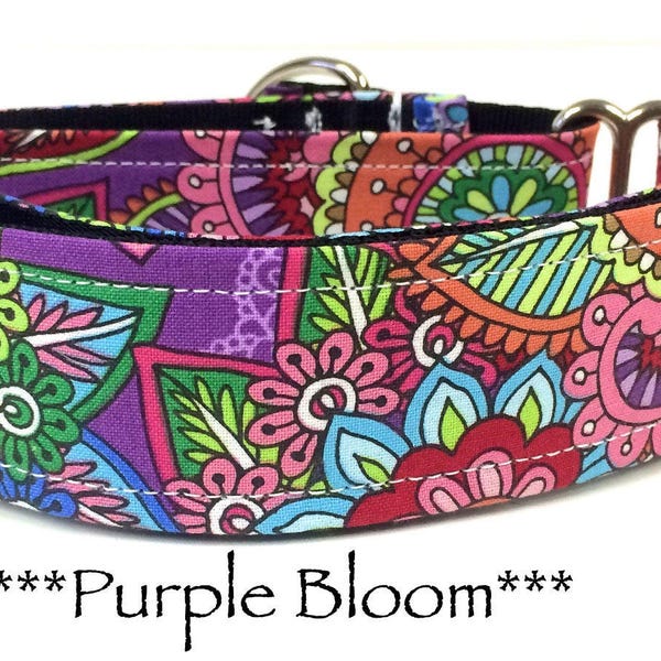 Martingale Dog Collar or Buckle Dog Collar or Buckle Mart or Chain Martingale - Floral Purple, Strong, Bright Floral - Purple Blooms