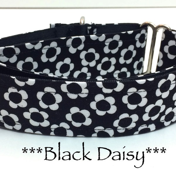 Martingale Dog Collar or Buckle Dog Collar or Buckle Mart or Chain Martingale, Floral Dog Collar, Black Daisy