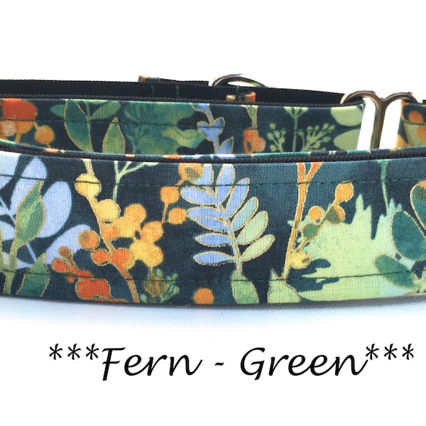 Martingale Dog Collar or Buckle Dog Collar or Buckle Mart or Chain Martingale or Floral Green Gold, Orange Fern Dog Collar, Fern - Green