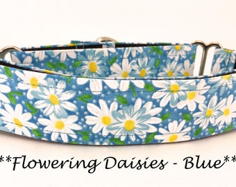 Martingale Dog Collar or Buckle Dog Collar or Buckle Mart or Chain Martingale, Blue, Aqua, Green, Yellow Daisies, Painted Daisies Blue