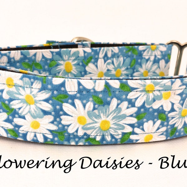 Martingale Dog Collar or Buckle Dog Collar or Buckle Mart or Chain Martingale, Blue, Aqua, Green, Yellow Daisies, Painted Daisies Blue