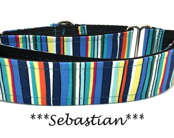 Martingale Dog Collar or Buckle Dog Collar or Buckle Mart or Chain Martingale, blue, Orange, Yellow, Aqua Striped Dog Collar, Sebastian