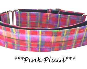Martingale Dog Collar or Buckle Dog Collar or Buckle Mart or Chain Martingale, Purple, Green, Yellow, Pink Plaid Dog Collar, Pink Plaid