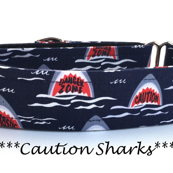 Martingale Dog Collar or Buckle Dog Collar or Buckle Mart or Chain Martingale, Shark Dog Collar, Navy Blue, Red, Gray, Caution Sharks
