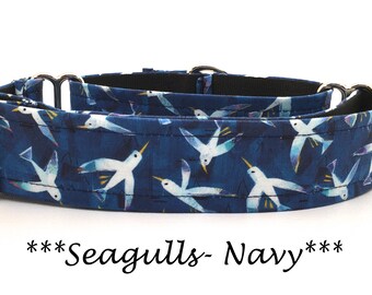 Bird Martingale Dog Collar or Seagull Buckle Dog Collar or Seagull Buckle Mart Dog Collar or Seagull Chain Martingale- Seagulls Navy