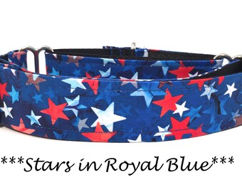 Star Patriot Martingale Collar or Stars Buckle Collar or Independence Day buckle Mart or, Patriotic Chain Martingale-Stars in Royal Blue