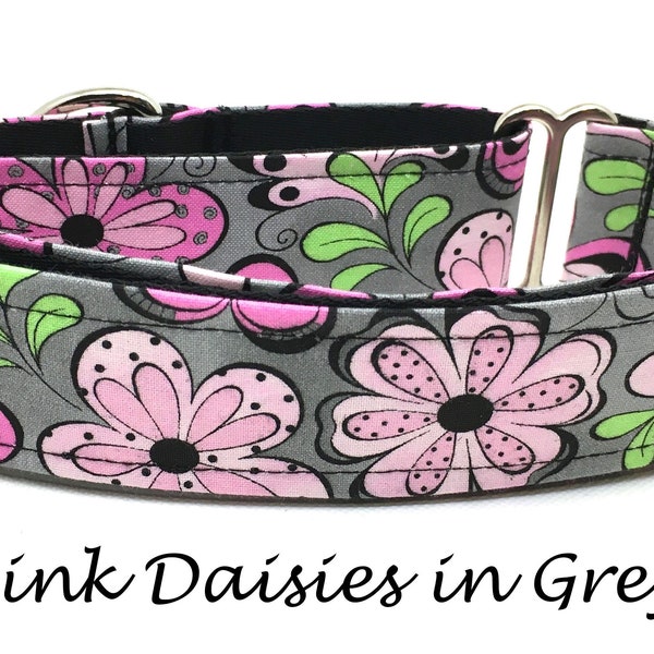 Martingale Dog Collar or Buckle Dog Collar or Buckle Mart or Chain Martingale, Daisies, Pink, Green, Black, Gray, Pink Daisies in Grey