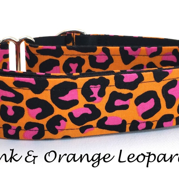 Martingale Dog Collar or Buckle Dog Collar or Buckle Mart or Chain Martingale, Leopard print in Hot pink on Orange- Pink and Orange Leopard