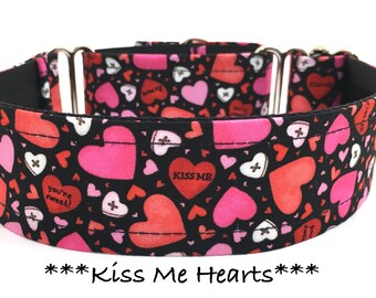 Hearts Martingale Dog Collar or Buckle Dog Collar or Buckle Mart or Chain Martingale, Pink and Red hearts, Kiss Me Hearts