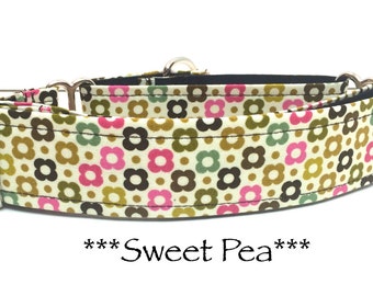 Martingale Dog Collar or Buckle Dog Collar or Buckle Mart or Chain Martingale, Pink, Brown, Green Floral Girly Dog Collar, Sweat Pea