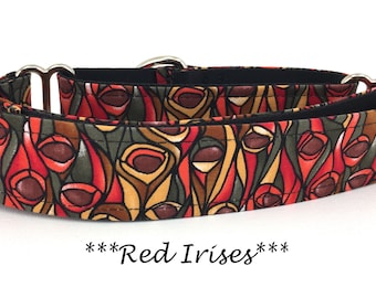 Martingale Dog Collar or Buckle Dog Collar or Buckle Mart or Chain Martingale, Red, Orange, Gray-Green, Floral Dog Collar- Red Irises