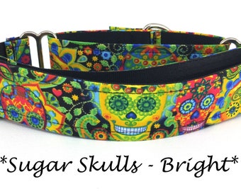 Skull Martingale Dog Collar or Sugar Skull Buckle Dog Collar or Sugar Skull Buckle Mart Dog Collar or Skull Chain Mart,  Bright Sugar Skulls