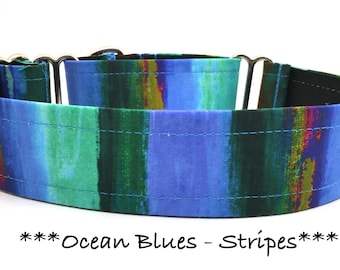 Stripe Martingale Dog Collar or Buckle Dog Collar or Buckle Mart or Chain Martingale, Blue, Green, Red Ocean Blues - Stripes