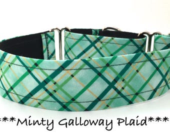 Minty Galloway Plaid Martingale Dog Collar or Buckle Dog Collar or Buckle Mart or Chain Martingale, Green, Yellow-gold, Minty Galloway Plaid
