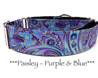 Martingale Dog Collar or Buckle Dog Collar or Buckle Mart or Chain Martingale, Paisley, Blue, Purple, Gold