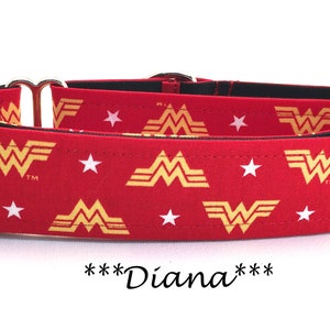 Martingale Dog Collar or Buckle Dog Collar or Buckle Mart or Chain Martingale, Comic Character, Red and Yellow, W&#39;s -Diana