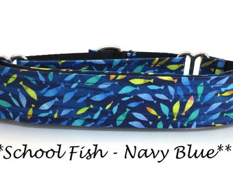 Martingale Dog Collar or Buckle Dog Collar or Buckle Mart or Chain Martingale, Blue, Yellow, Orange, School Fish Navy Blue