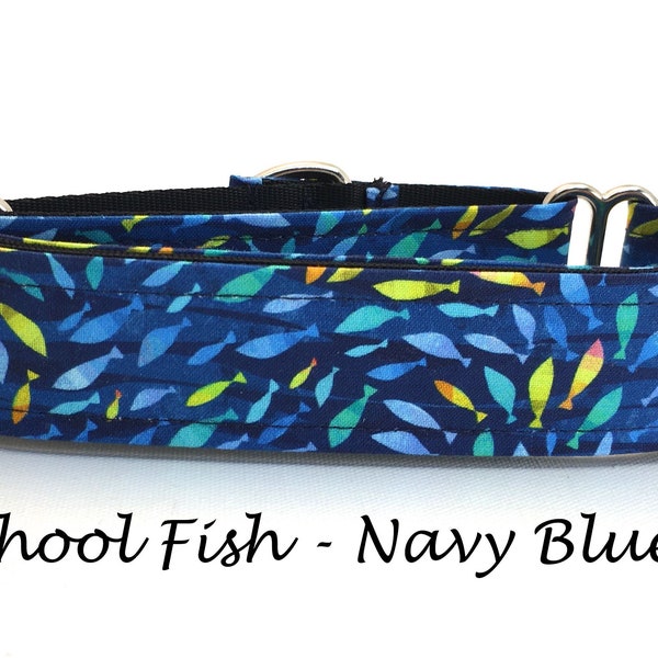 Martingale Dog Collar or Buckle Dog Collar or Buckle Mart or Chain Martingale, Blue, Yellow, Orange, School Fish Navy Blue