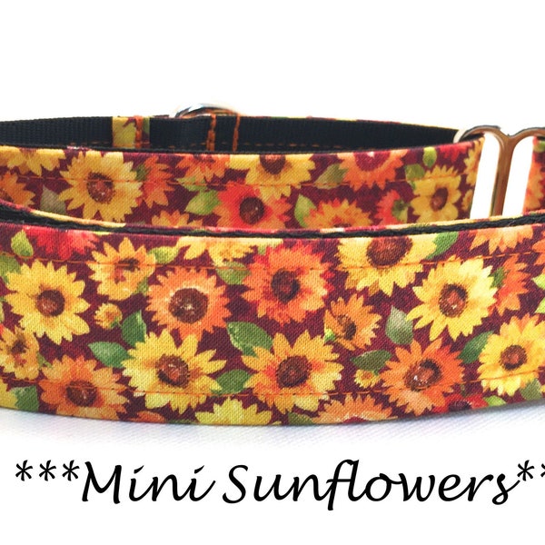 Martingale Dog Collar or Buckle Dog Collar or Buckle Mart or Chain Martingale, Orange, Yellow, Green, Brown Sunflowers- Mini Sunflowers